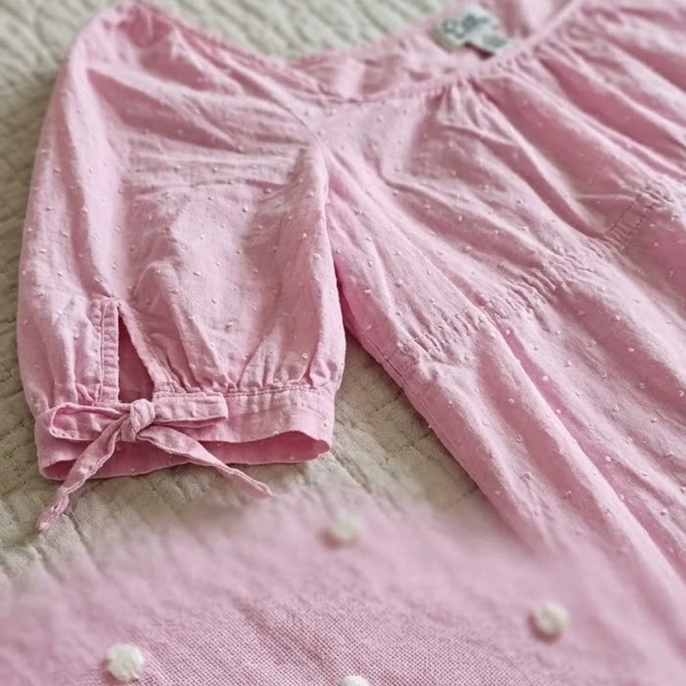 Lilly‎ Pulitzer Pink Swiss Dot Square Neck Empire Waist Blouse Tie Sleeve Size 8